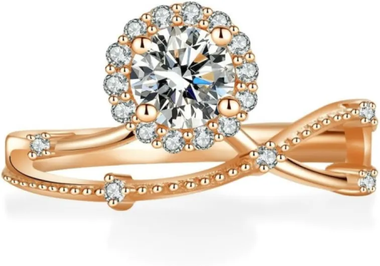 Bague de demande en or rose 18 carats - Bague de couple avec fleur - Créée en laboratoire - Véritable bijou en diamant - Or 18 carats - Taille 51 (16,2)