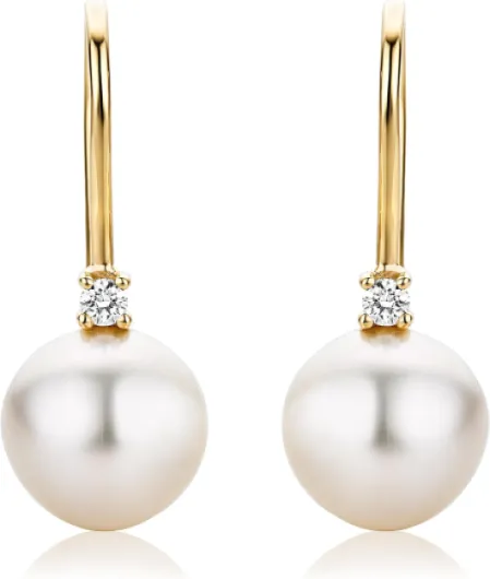 Pearl and diamond drop hook earrings in 18 kt 750-1000 white gold-yellow gold with grey-white freshwater pearl 9 mm with 0.06 ct brilliant cut diamonds … Or Jaune