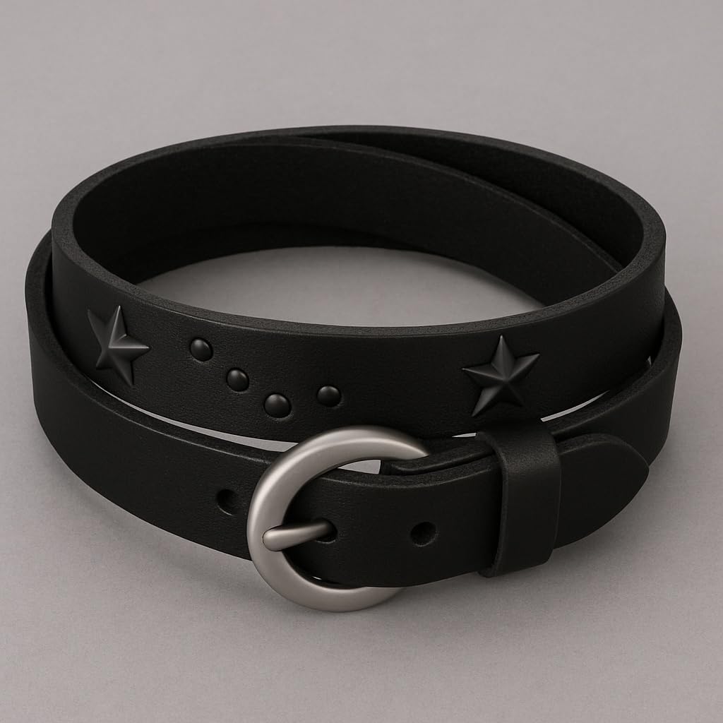 Bracelet homme ajustable en cuir double tour avec clous étoile en acier 02 - Noir