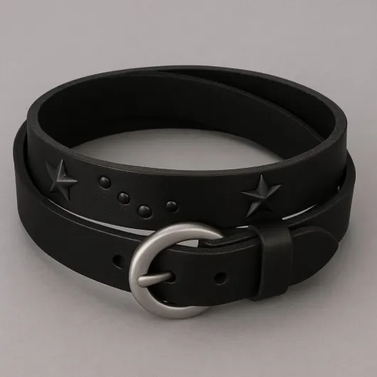 Bracelet homme ajustable en cuir double tour avec clous étoile en acier 02 - Noir