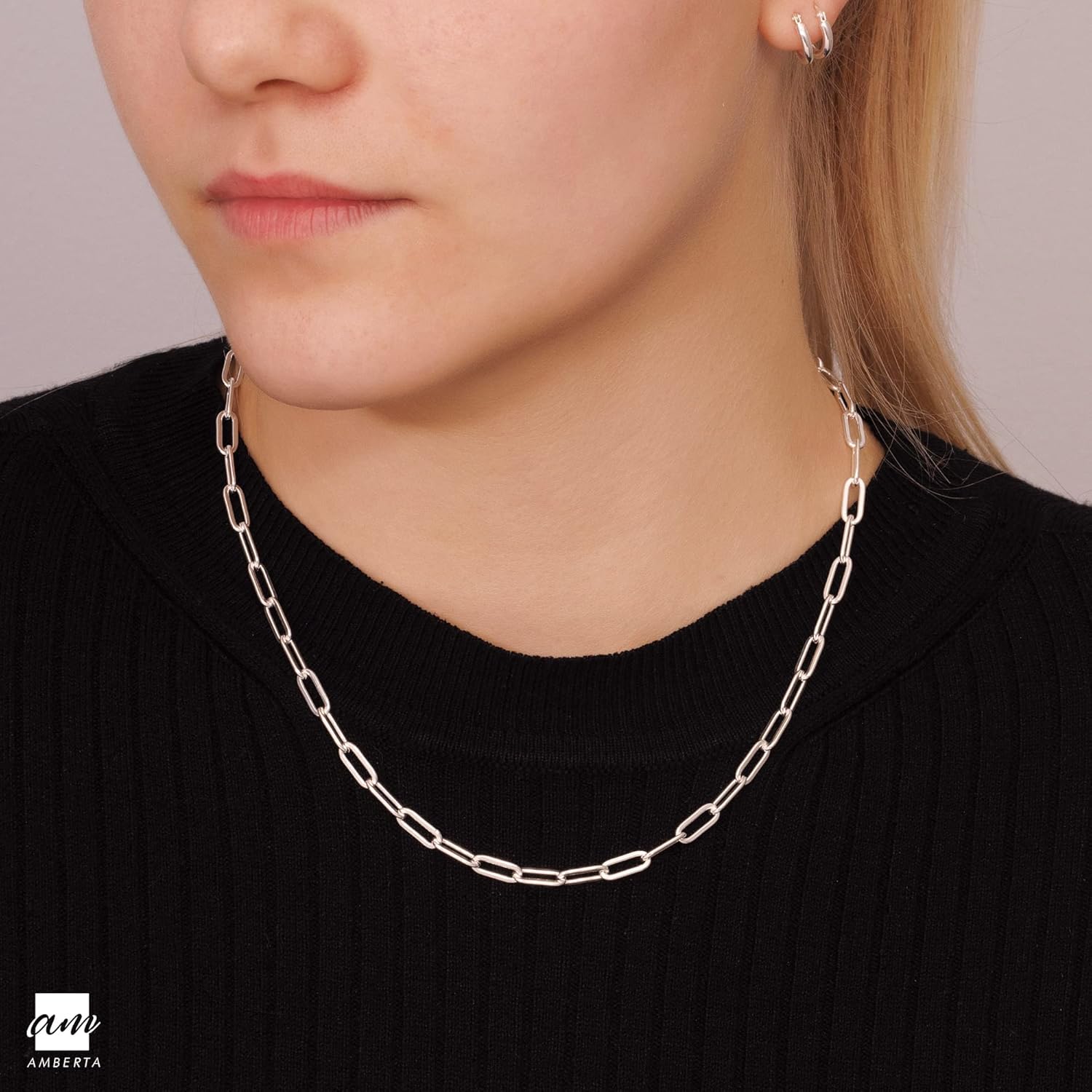 Collier à Maillons en Trombone en 925 Argent Sterling Amberta pour Femmes 40 Centimètres Argent - 4.4 mm