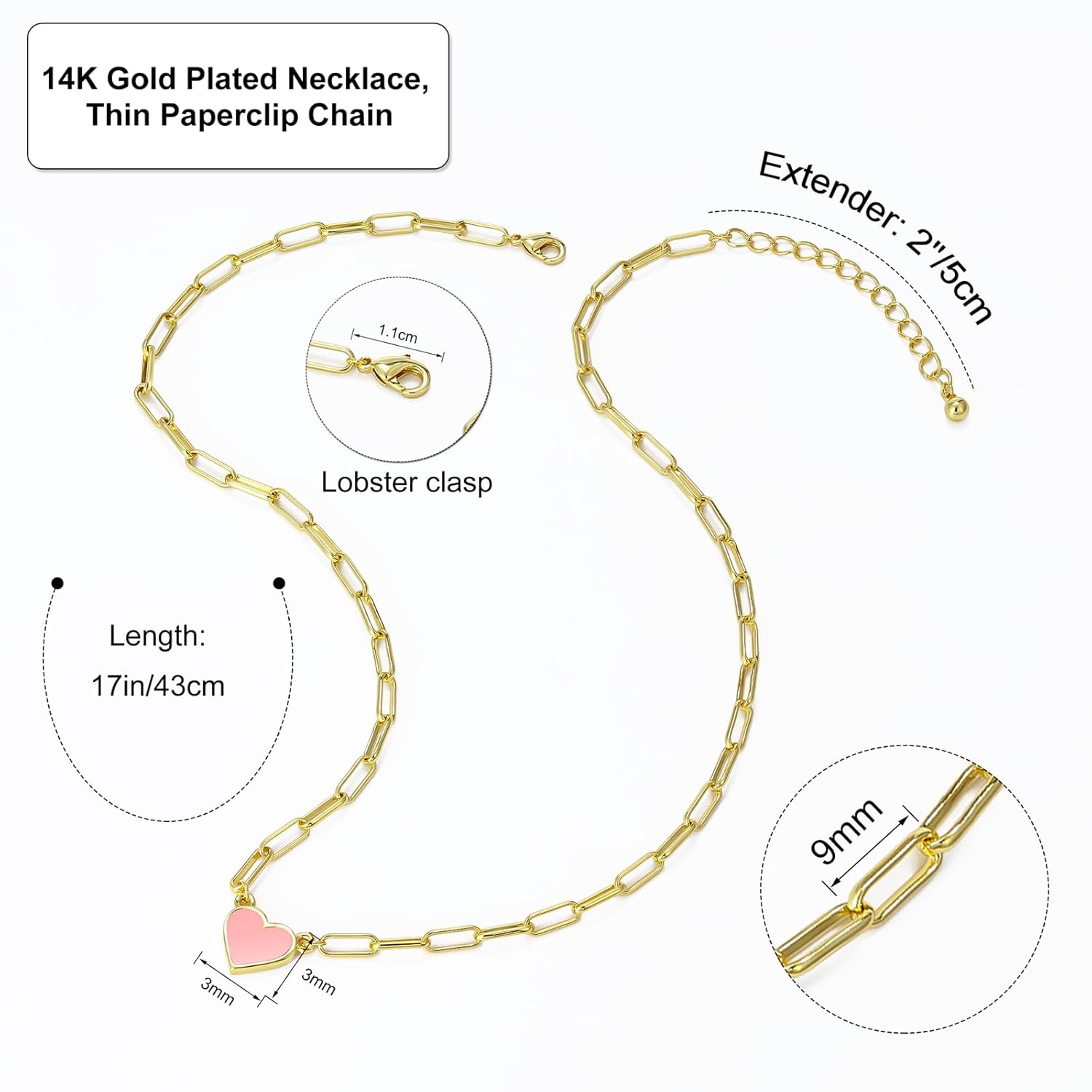 Collier en Chaîne en Forme de Trombone, Chaînes à Maillons en Forme de Trombones, Faites à la Main, 14K/0.1mc Plaqué Or, Collier d'Or Délicat avec Boîte Cadeau pour Filles/Femmes (Mince)