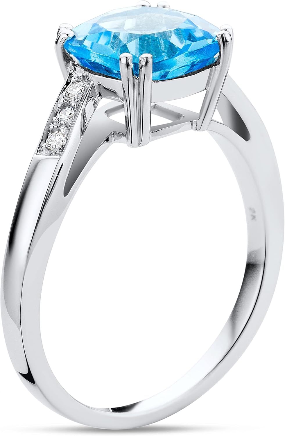Bijoux pour Femmes Bague de Fiançailles avec Pierre Précieuse/Pierre Gemme Topaze bleue et 6 Diamants Brillants Bague en Or Blanc 9 Carats / 375 Or 58