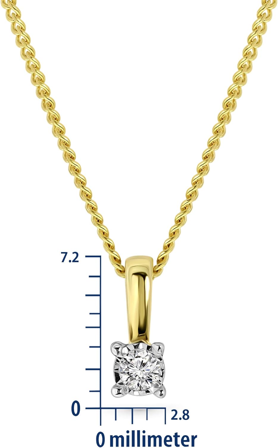 Collier Femmes Or et Diamant, Chaîne Gourmette 45cm avec Pendentif Diamant Solitaire 0.03 Ct, Collier Or Blanc/Or Jaune 9 Carat 375, Bijoux Femme Fait Main, Hypoallergénique