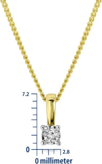 Collier Femmes Or et Diamant, Chaîne Gourmette 45cm avec Pendentif Diamant Solitaire 0.03 Ct, Collier Or Blanc/Or Jaune 9 Carat 375, Bijoux Femme Fait Main, Hypoallergénique