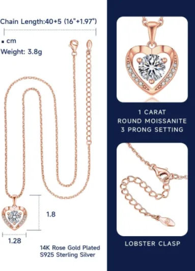 Collier Femme Argent 925, 1-2 Carats Moissanite Diamant Collier avec Pendentif Cœur Cadeau pour la Saint-Valentin(Argent/Or Rose/Or) Argent (Silver)