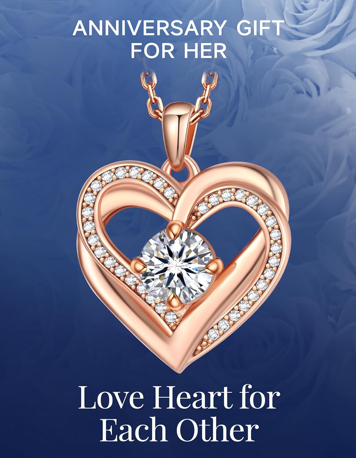 Coeur Collier Femme, 1 Carat Moissanite Collier Amour Or Rose Argent Sterling 925 Bijoux Cadeau d'anniversaire Saint-Valentin Fête des mères pour la Petite Amie Maman Double Cœur-Or Rose