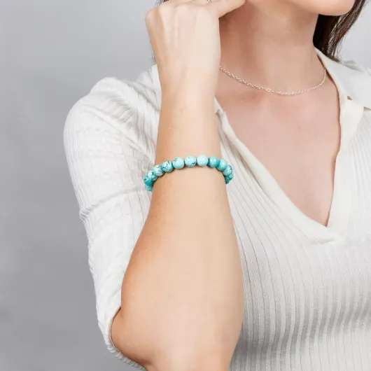 TreasureBay Bracelet de perles de pierres précieuses naturelles de 8 mm fait à la main pour hommes et femmes - Bracelet Perles Élastique (Turquoise Bleue)