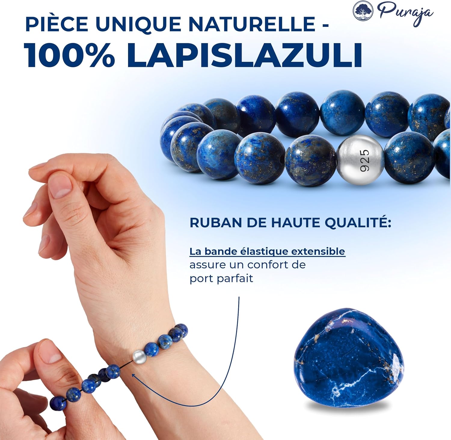 Bracelet en pierre naturelle véritable avec perle en argent sterling 925 et perles en pierre naturelle de 8 mm Lapis lazuli