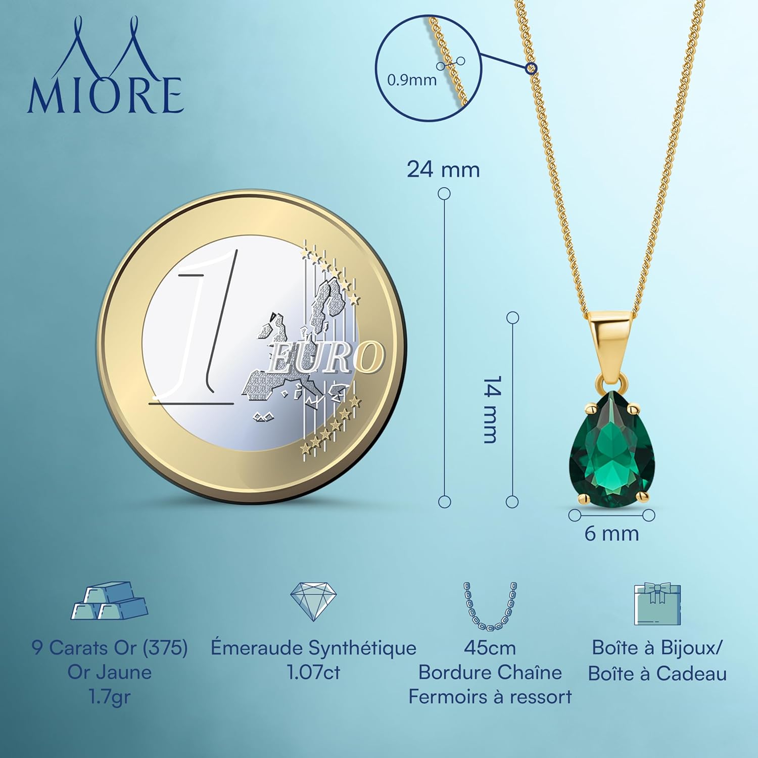 Collier Femme Or Blanc Massif 9KT 375, Chaîne Femme Or Jaune avec Pendentif Saphir/Rubis/Emeraude/Topaze, Bijoux Femme Hypoallergénique, Chaîne Gourmette 45 cm, Livré avec Boîte à Bijoux Or Jaune Émeraude