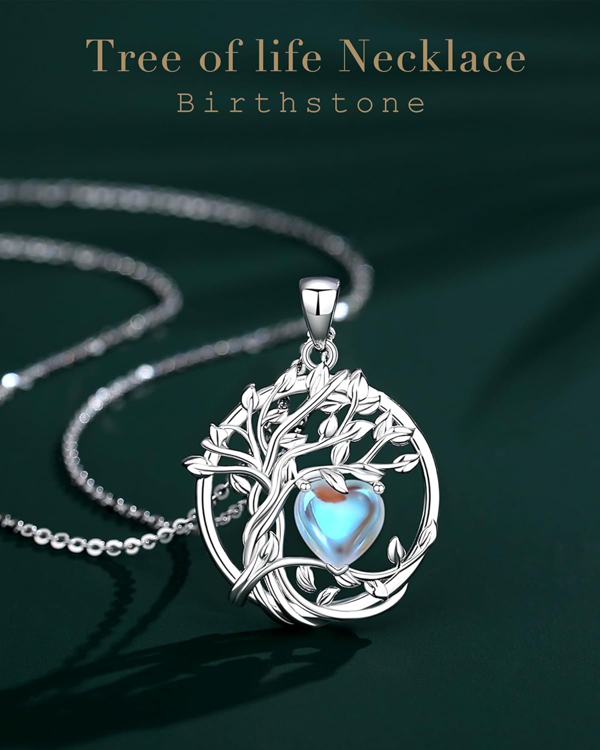 Tree of Life Collier arbre de vie en argent sterling avec pendentif en pierre de naissance, bijou d'anniversaire, cadeau de Noël pour femme, maman, Argent sterling plaqué Or or blanc-6-pierre de lune