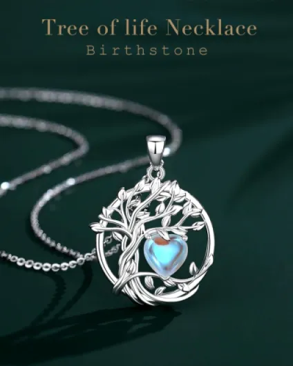 Tree of Life Collier arbre de vie en argent sterling avec pendentif en pierre de naissance, bijou d'anniversaire, cadeau de Noël pour femme, maman, Argent sterling plaqué Or or blanc-6-pierre de lune