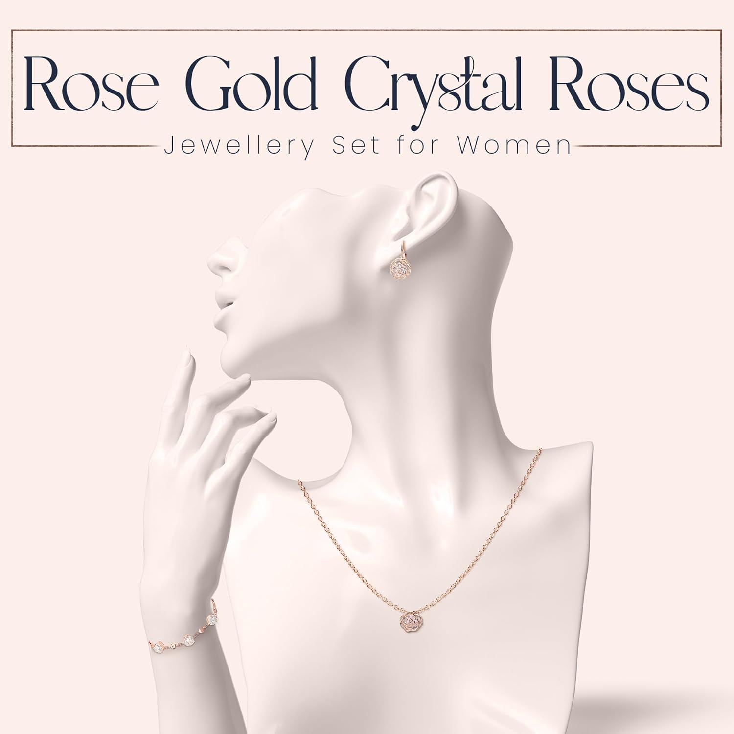 Femme Ensemble des Roses Collier et Pendants Levier Dos Boucles d'Oreilles Bracelet 18ct Plaqué Or Rosé Blanc avec Cristaux Blancs Rose Or
