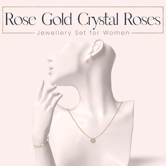 Femme Ensemble des Roses Collier et Pendants Levier Dos Boucles d'Oreilles Bracelet 18ct Plaqué Or Rosé Blanc avec Cristaux Blancs Rose Or