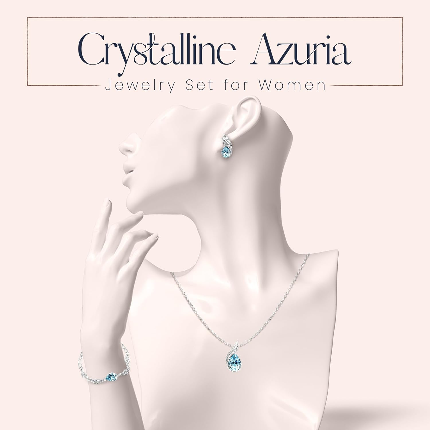 Femme Ensemble Larmes Collier Clous Boucles d'Oreilles et Bracelet 18ct Plaqué Or Blanc avec Cristaux océan Bleu Moderne