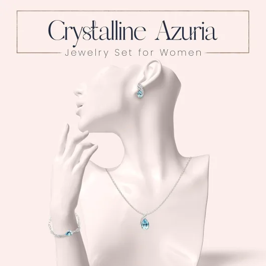 Femme Ensemble Larmes Collier Clous Boucles d'Oreilles et Bracelet 18ct Plaqué Or Blanc avec Cristaux océan Bleu Moderne