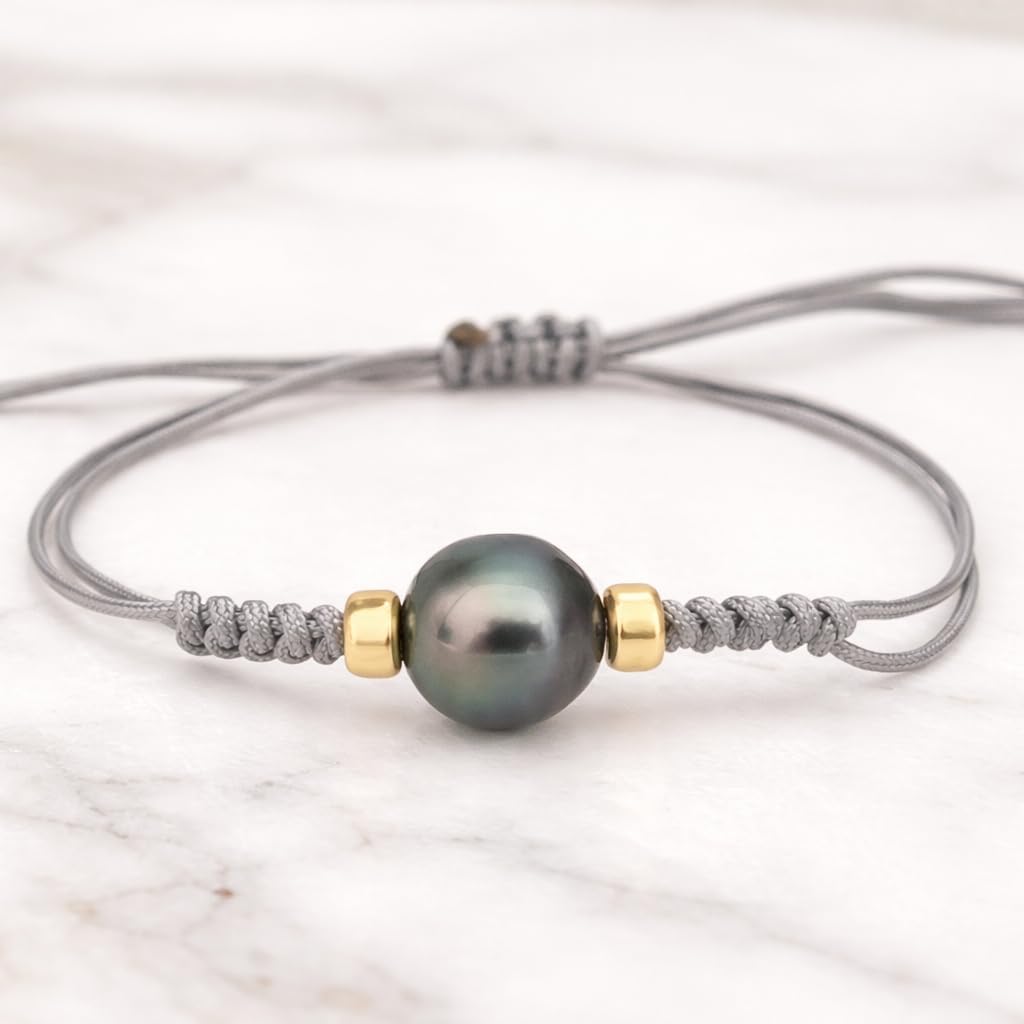 Bracelet artisanal avec perle de Tahiti naturelle 11 mm, Macramé noir, compléments en or 18 carats, réglable, unisexe, Mediano