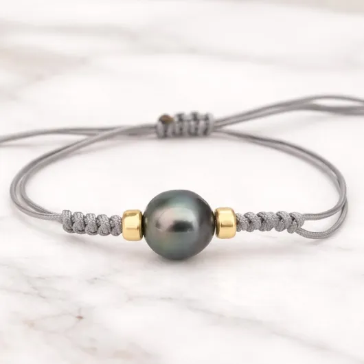 Bracelet artisanal avec perle de Tahiti naturelle 11 mm, Macramé noir, compléments en or 18 carats, réglable, unisexe, Mediano