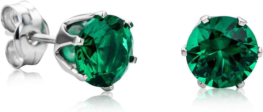 Boucles D'Oreilles Femme Or Blanc 9 Carats 375 avec Pierre Precieuse Émeraude/Rubis/Saphir/Zircon Cubique, Bijoux Femme D'or Hypoallergéniques - Clous D'Oreilles Rondes Faits à la Main Élégant