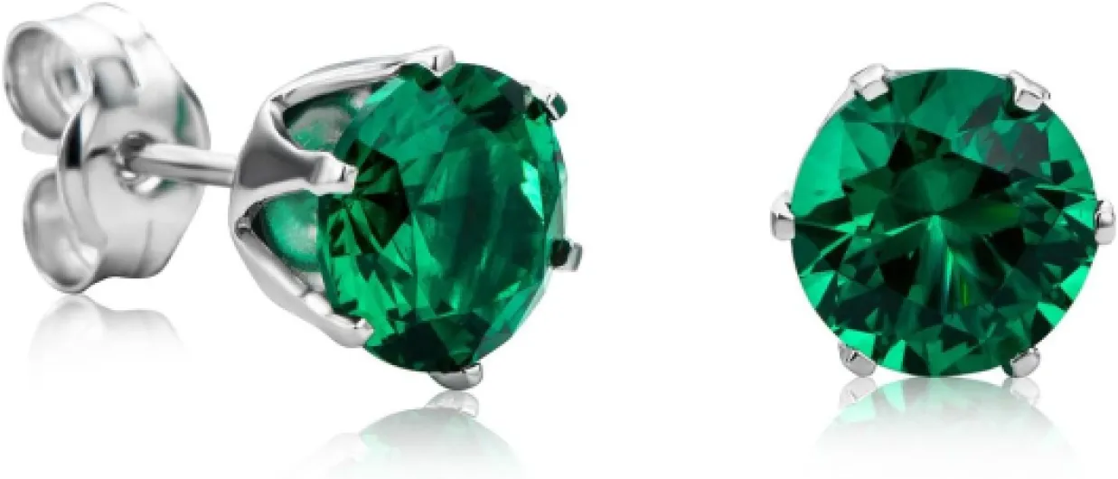 Boucles D'Oreilles Femme Or Blanc 9 Carats 375 avec Pierre Precieuse Émeraude/Rubis/Saphir/Zircon Cubique, Bijoux Femme D'or Hypoallergéniques - Clous D'Oreilles Rondes Faits à la Main Élégant