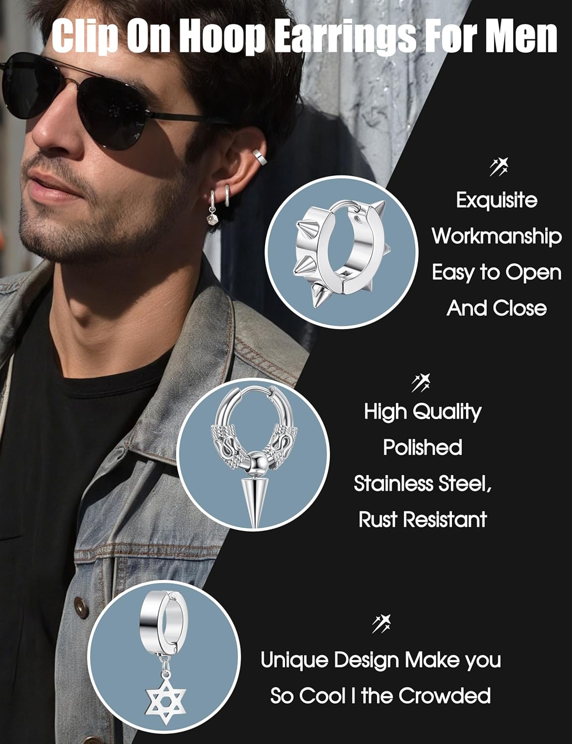 25Pcs Clip On Boucles D'oreilles pour Hommes Acier Inoxydable Croix Chaîne Pendantes Boucles d'Oreilles Noir Huggie Hoop Non Percées Punk Gothique Kpop Faux Boucles d'Oreilles Argent