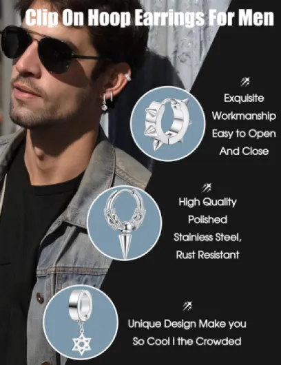 25Pcs Clip On Boucles D'oreilles pour Hommes Acier Inoxydable Croix Chaîne Pendantes Boucles d'Oreilles Noir Huggie Hoop Non Percées Punk Gothique Kpop Faux Boucles d'Oreilles Argent