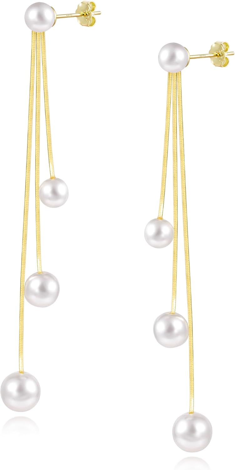 Boucles d'OreilleFemme Perles Argent 925/Or Pendante Longues, Plaqué Or 14 Carats, Cadeaux Bijoux C-Argent