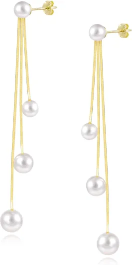 Boucles d'OreilleFemme Perles Argent 925/Or Pendante Longues, Plaqué Or 14 Carats, Cadeaux Bijoux C-Argent