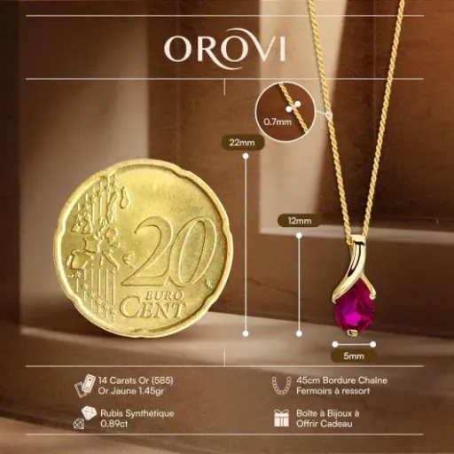 Test Orovi Collier or jaune 14 carats rubis : joli pendentif, chaîne un peu légère