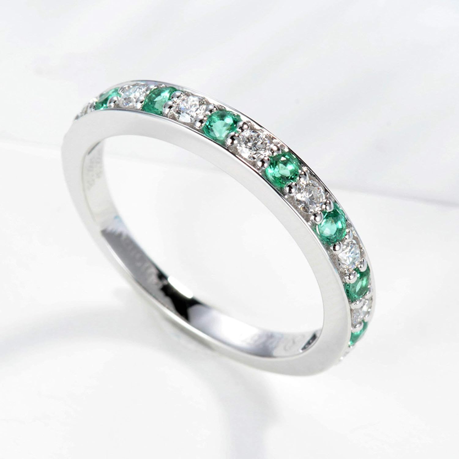 AMDXD Bagues Mariage, Bague 18 Carats Or Femme 0.28ct Emeraude avec Diamant, Or Blanc (Circonférence: 47mm~ 65mm) 49