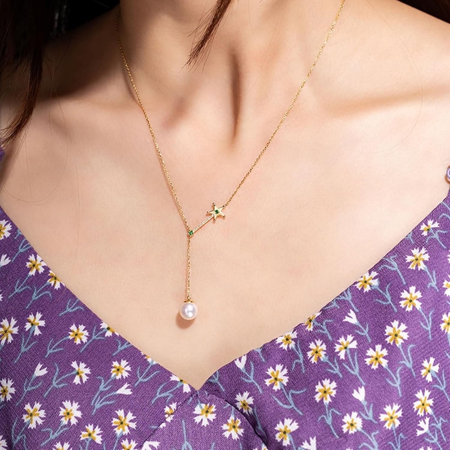 Collier avec pendentif en perles, chaîne de collier 18 carats avec or vert 0,048 carat et diamant de luxe pour femme, Diamant
