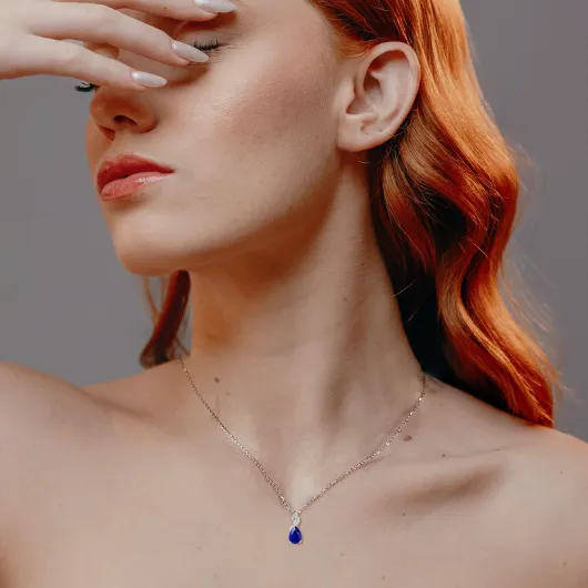 Collier Avec Pendentif En Or Blanc 14k (585) Et Pendentif En Argent Sterling 925 Avec Saphir/éMeraudes/Alpines/Aquamarin/Rouge Et Diamants Bijoux Naturels Pour Femmes