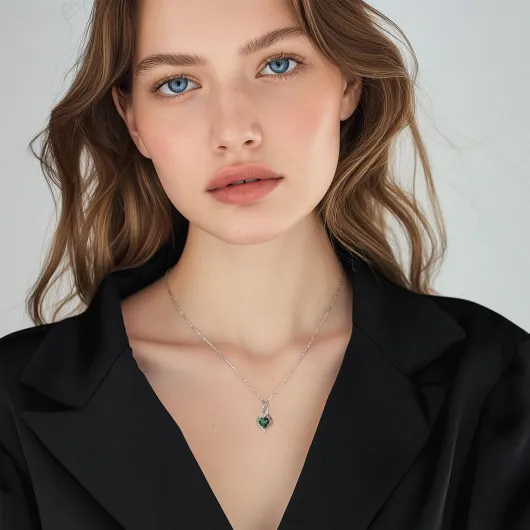 Collier avec pendentif cœur infini en or blanc 14 carats et véritable diamant - Cadeau fin pour femmes et filles - Chaîne en argent 925 : 40 + 5 cm Émeraude créée