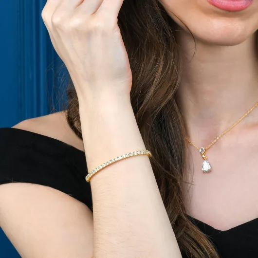Bracelet Tennis serti de Pierres de Couleurs et Blanches en Zircons, Bracelet Femme Argent Sterling 925, Bracelet en Argent Massif, Bijoux Femme en Argent avec Ecrin Cadeau Blanc/Or Jaune - 16.50 cm Longueur
