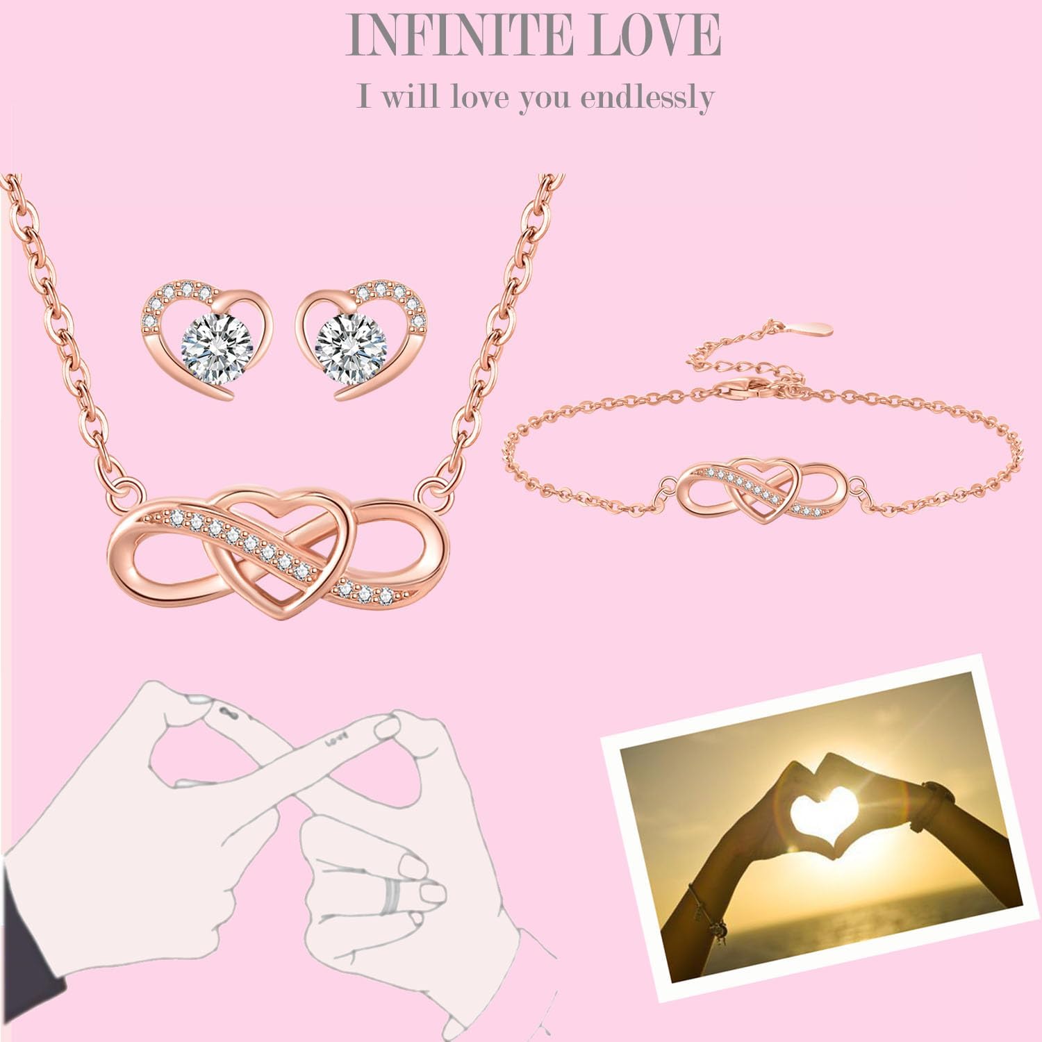 Parure de bijoux pour femme : Collier, Bracelet & Boucles d‘Oreilles Cœur Infini,Plaqué Or Blanc ou Rose, Cadeau Parfait pour Noël, Saint-Valentin & Fête des Mères Bijoux Parures C-Or Rose Argent sterling