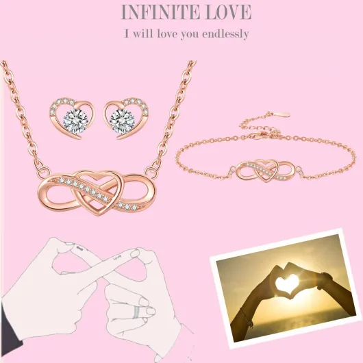 Parure de bijoux pour femme : Collier, Bracelet & Boucles d‘Oreilles Cœur Infini,Plaqué Or Blanc ou Rose, Cadeau Parfait pour Noël, Saint-Valentin & Fête des Mères Bijoux Parures C-Or Rose Argent sterling